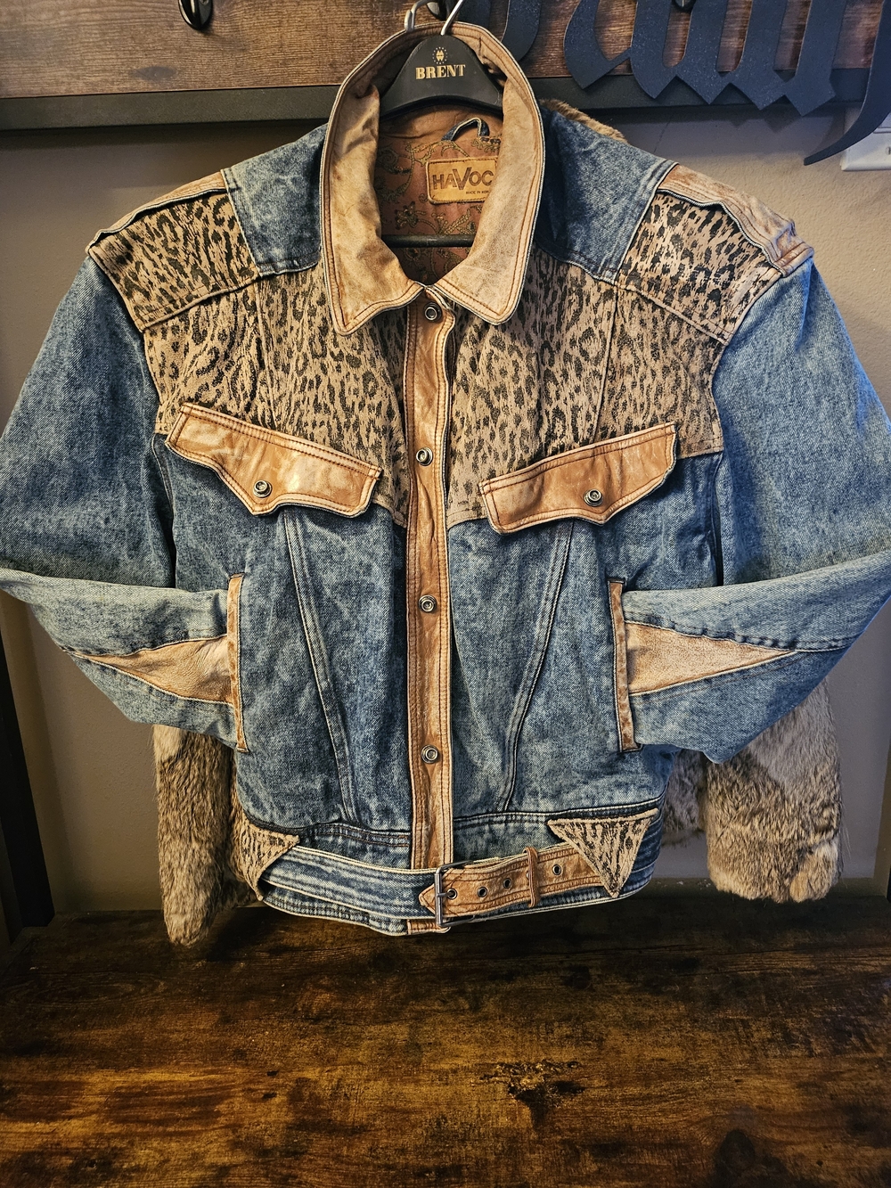 HAVOC Women's Denim Bomber Jacket with Brown Leather Trim and Leopard Panels